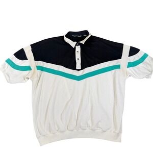 Vintage Action Colorblock Chevron Polo Shirt Mens 2X Black White Teal Retro Snap
